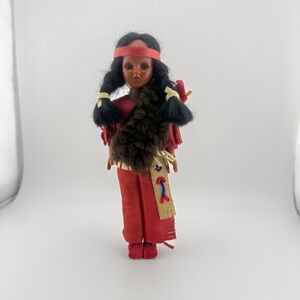 VNTG Native American Souvenir Doll Red Fringe Outfit Beaded Sash Sleep Eyes 7"